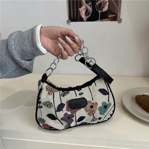 Retro Floral Print Oxford Cloth Underarm Bag With Metal Chain Women Fashion Shoulder Bag Versatile Daily Small Square Bag