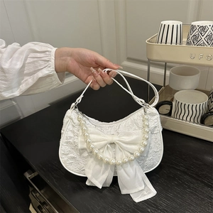 Elegante Damen Umhängetasche mit Süßer Schleife und Künstliche Perlengriff Mode Jacquard Achseltasche Crossbody Party Daily Handbag