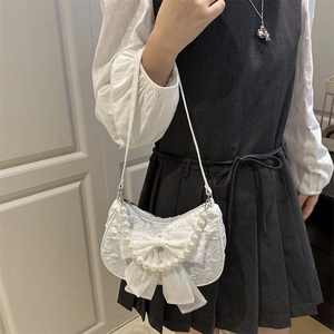 Weiße Schultertasche mit Schleife, Perlengriff und floraler Spitze für Damen