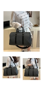 Macro detail of large travel bag featuring grey M pattern print and gold hardware