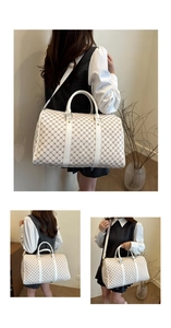 Three-way view of a vintage beige patterned travel bag worn by a model in a studio