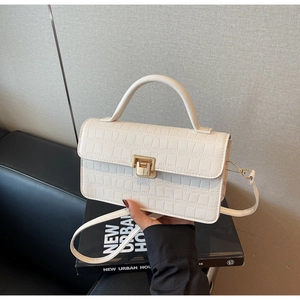 Detail of crocodile embossed leather texture and gold clasp on off-white handbag