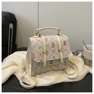Detail of floral printed mini backpack featuring bear patterns and pebble grain texture