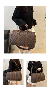 Three-way carry view of large brown monogram travel bag with adjustable strap
