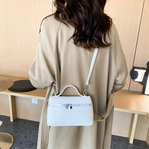 Minimalist white litchi pattern square handbag with top handle and adjustable strap