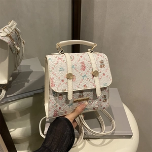 Korean Style Summer Cartoon Bear Floral Printed Mini Backpack PU Leather Versatile Small Square Shoulder Handbag For Women