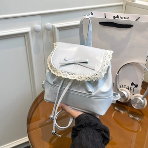 Women Mini Backpack PU Leather Sweet Lace Trim Bow Decoration Korean Style Drawstring Small Shoulder Bag Daily Travel