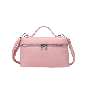 Pink lychee grain leather crossbody bag with top handle and silver hardware zippers