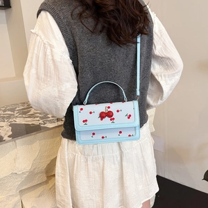 Light blue cherry print handbag with 3D cherry decor and crossbody strap for women