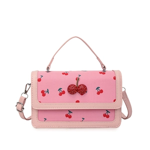 Pink cherry print small square handbag with rhinestone cherry buckle and shoulder strap