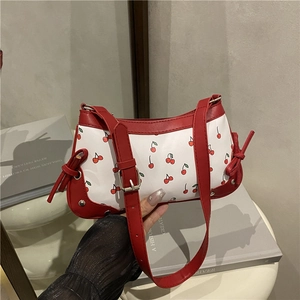 Women Trendy Cherry Print Underarm Bag PU Leather Butterfly Bow Decor Shoulder Bag Small Square Baguette Handbag Casual Daily
