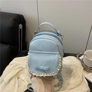 Light blue PU leather mini backpack with sweet bow decoration and lace trim detail