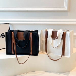 Large Capacity Canvas Tote Bag With Contrast Leather Trim Stylish Shoulder Bag For Women Casual Commuter Fashion Handbag