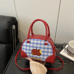 Borsa a Spalla da Donna con Motivo a Mele e Quadretti in Pelle PU Patchwork Borsa Boston Stile Preppy Grande Capacità Borsa a Tracolla