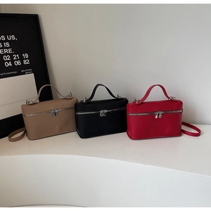 Three colors of box-shaped lychee grain leather handbags with dual metal zippers