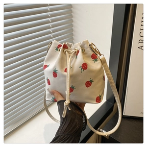 Women Casual Nylon Drawstring Bucket Bag Large Capacity Strawberry Butterfly Print Fashion Shoulder Crossbody Handbag