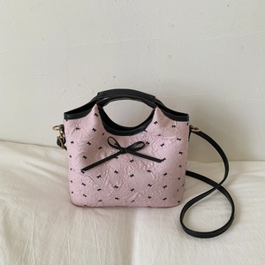 Women Pleated Bowknot Print Handbag Crinkled PU Leather Shoulder Crossbody Bag Sweet Heart Pendant Fashion