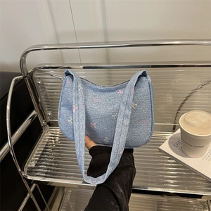 Trendy Urban PU Leather Bow Tie Embroidered Hobo Shoulder Bag Women Denim Style Casual Daily Small Square Underarm Bag