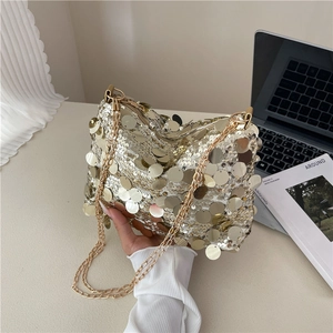 Chic silver and gold sequin crossbody bag with gold chain strap for summer fashion