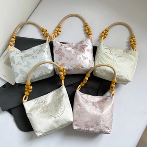 New Chinese style satin tote bags with traditional patterns and round wooden bead handles
