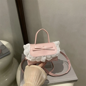 Balletcore Lace Bow Mini Shoulder Bag For Women Sweet Lolita Style Nylon Crossbody Handbag Small Square Bag Daily Fashion