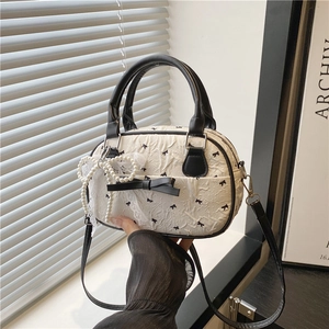 Women Sweet Bubble Texture Bowling Handbag Bow Pattern Pleated Crossbody Bag Contrast Color Fashion Top Handle Bag