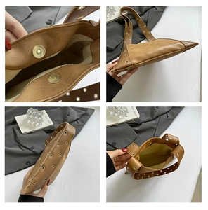 Vue détaillée du sac en similicuir marron avec rivets, fermeture aimantée et doublure