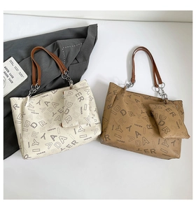 Detail of printed tote bag set with matching small pouch and silver chain strap