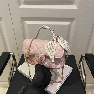 Women Quilted Diamond Pattern Shoulder Bag Faux Leather Chain Crossbody Bag With Decorative Silk Scarf Handbag For Office