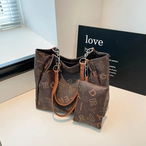 Brown letter print tote bag set with metal chain shoulder strap and small pouch