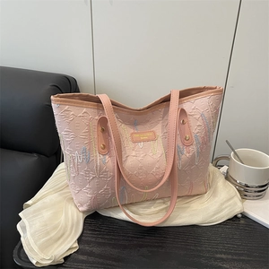 Women Stylish Nylon Large Capacity Tote Bag Trendy Wave Embroidery Shoulder Bag With Cloud Plush Pendant Commuting Handbag