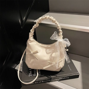 Sac à Épaule Style Coréen Balletcore Nœud en Dentelle Avec Poignée Froncée Douce Main pour Femmes Nylon Bandoulière