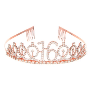 Close-up of rose gold 16th birthday crown with white rhinestones and side combs