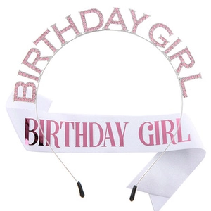 Pink rhinestone Birthday Girl headband and white satin sash party decoration set
