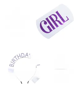 Detail of white satin Birthday Girl sash with purple text and crystal rhinestone headband