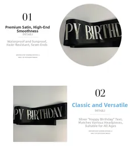 Detailed view of black satin birthday sash with shiny silver Happy Birthday lettering