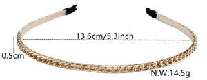 Detail showing gold chain metal headband dimensions 13.6cm width and 0.5cm band thickness