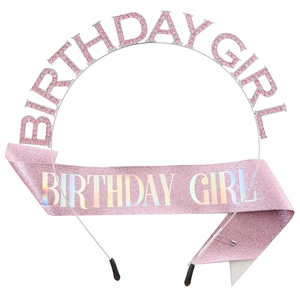 Rosa Birthday Girl Haarreif und Glitzer Schärpe Set für Damen Party Deko