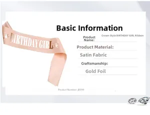 Detail of pink satin birthday sash featuring gold foil lettering and a crown icon