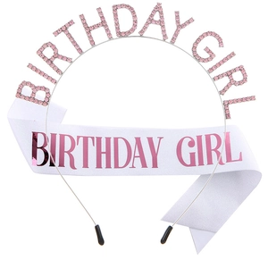 Birthday Girl pink rhinestone crown headband and white satin sash party accessories set