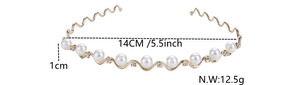 Detail of golden wave metal headband with white pearls and rhinestones 14cm wide
