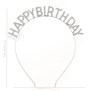 Détail du bandeau Happy Birthday argenté montrant la hauteur 17,5cm et largeur 16cm