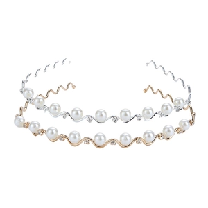 Elegant Alloy Faux Artificial Pearl Rhinestone Wavy Headband For Women Wedding Party Bridal Hair Accessories Simple Metal Hair Hoop