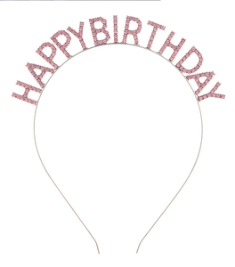 Detail of Happy Birthday headband with pink rhinestones and a silver metal frame
