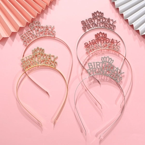 Flat lay of five Birthday Princess rhinestone headbands in multiple metallic colors