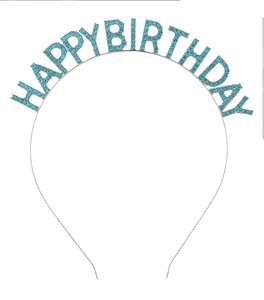 Close-up of Happy Birthday headband with blue rhinestones on a silver metal frame