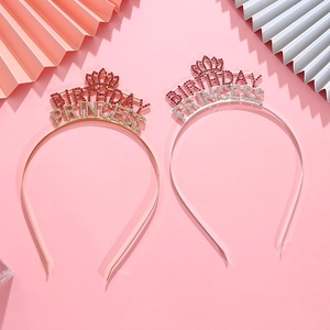 Detail of BIRTHDAY PRINCESS crown headbands with pink rhinestones and gold alloy base