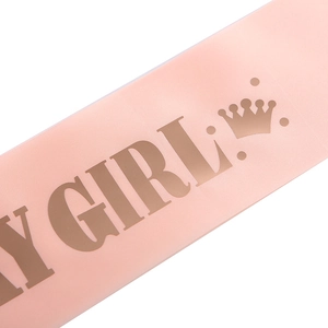 Pink satin Birthday Girl sash with gold crown and lettering for party decorations