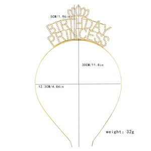 Detailed dimensions of the gold Birthday Princess tiara with rhinestone letters