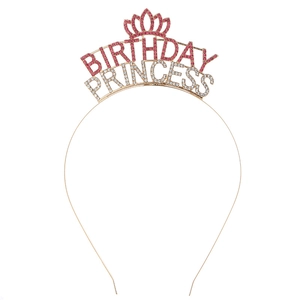Pink and white rhinestone Birthday Princess tiara on a golden metal headband